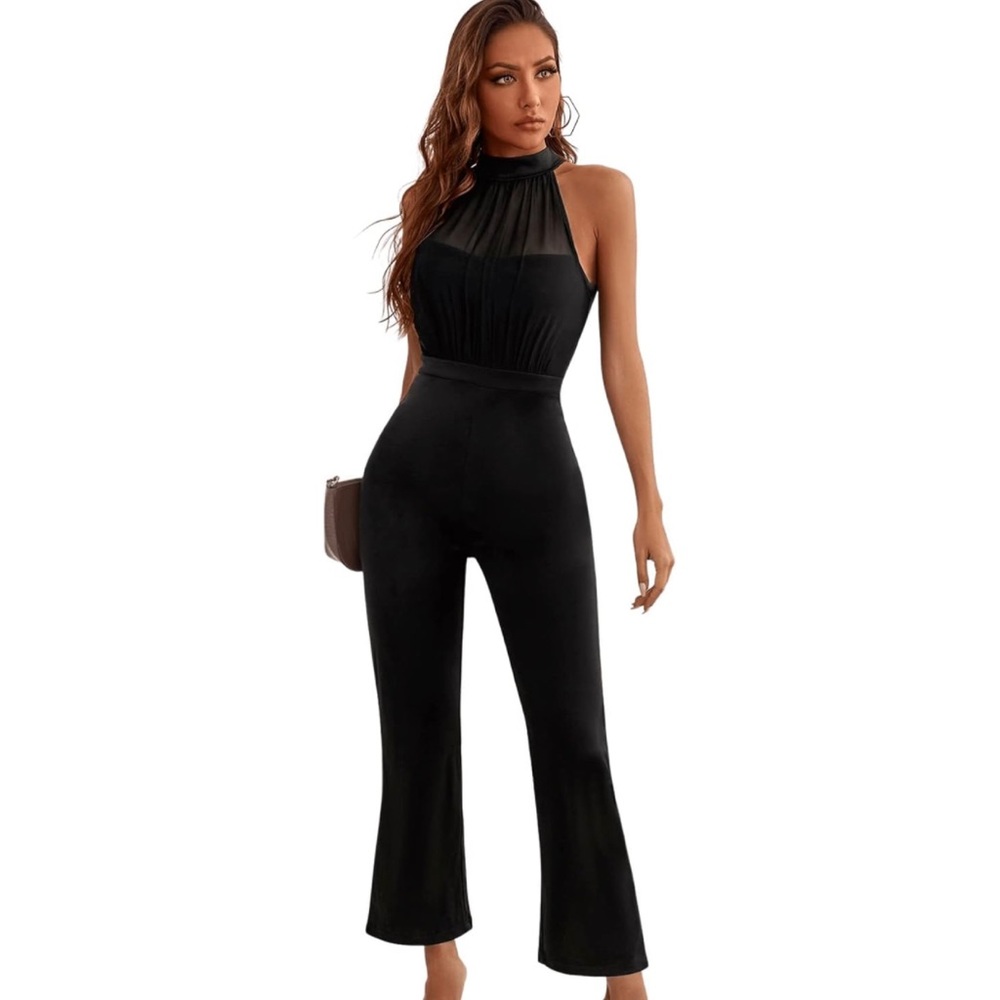 Women's Elegant Sleeveless Halter High Waist Flare Leg Pants Romper Jumpsuit